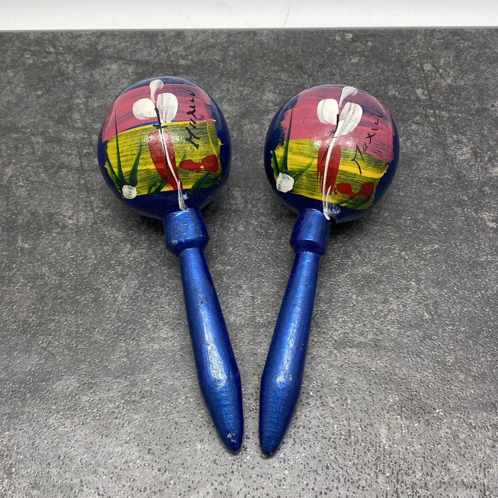 Vintage Pair‎ of 2 Hand Painted Metallic Blue 6" Wooden Maracas Made In Mexico